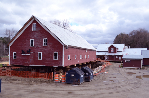 The barn at Lareau Farm and American Flatbread in Waitsfield has been raised to repair and upgrade the foundation. Photo: Jesse Lavoie