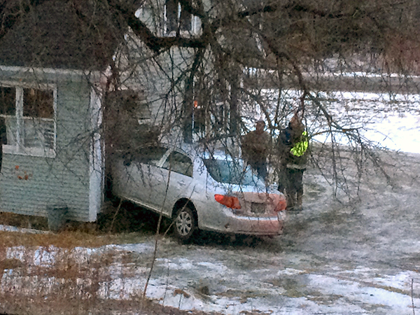 A car crashed into the Mad River Valley Real Estate building on Rt. 100 in Waitsfield Wednesday morning. Photo: Genevieve Knight
