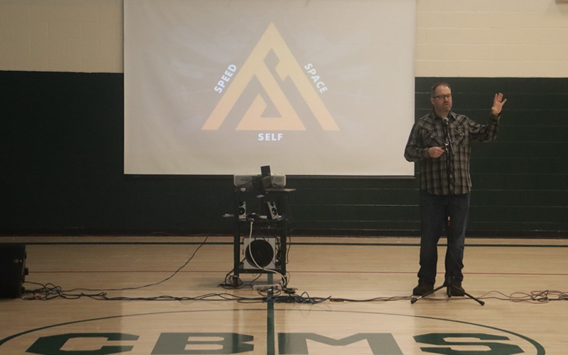 Chauncy Johnson addresses middle schools at CBMS last week. Photo Claire Pomer.Chauncy Johnson addresses middle schools at CBMS last week. Photo Claire Pomer.