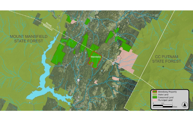 Map showing protected land in the Shutesville Hill Wildlife Corridor in Waterbury and Stowe